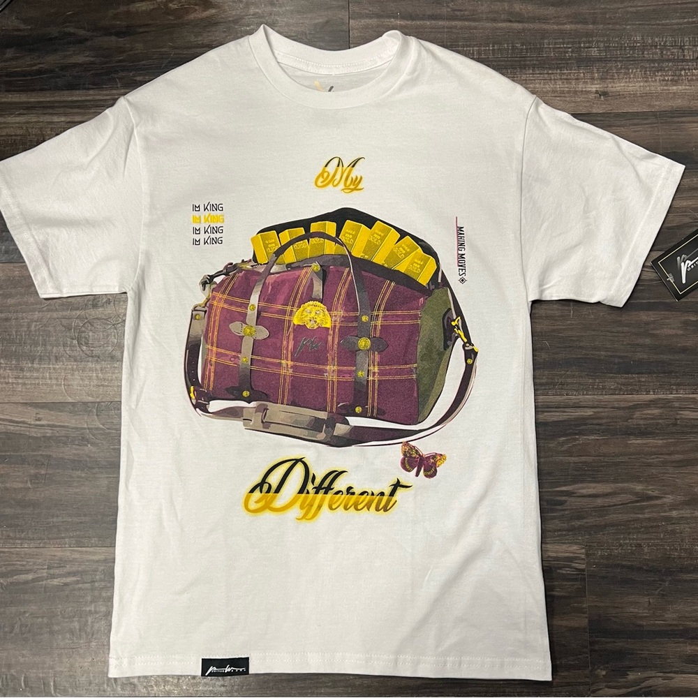 Positive Wear white t shirt Plaid Men's Bag with Brown and Purple Accents